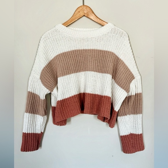 Striped Knit Sweater - White, Brown, and Tan - Picture 1 of 4